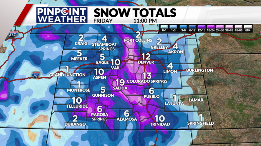 Pinpoint Weather: Statewide snow totals by 11 p.m. on March 15