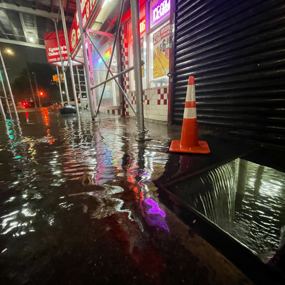 Rainfall from Hurricane Ida floods the basement of a Kennedy Fried Chicken restaurant on Wednesday, September 1, 2021, in the Bronx borough of New York City. The once category 4 hurricane passed through New York City, dumping 3.15 inches of rain in the span of an hour at Central Park.