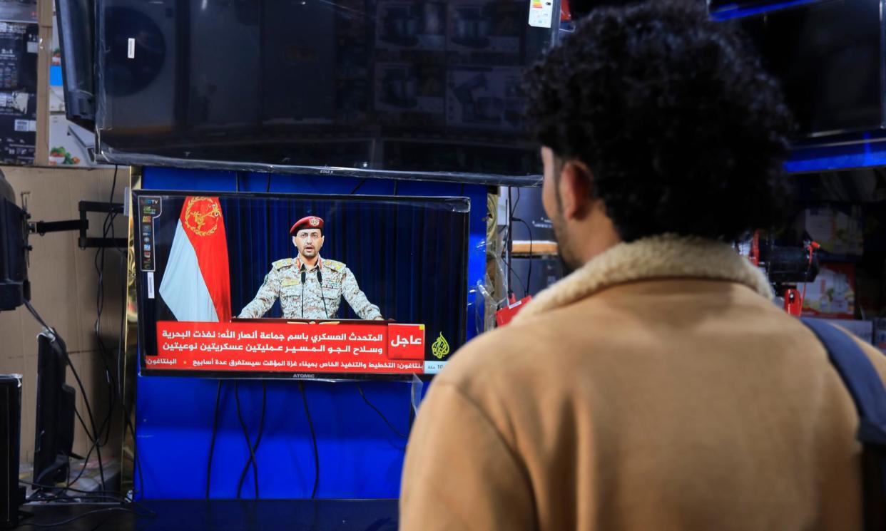 <span>Yahya Sarea, the Houthis military spokesperson, claimed that the group had launched 37 drones, but the US said it had shot down 15.</span><span>Photograph: Yahya Arhab/EPA</span>