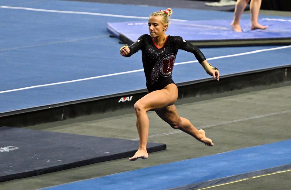Utah’s Ashley Glynn runs toward the vault as BYU, Utah, SUU and Utah State meet in the Rio Tinto Best of Utah Gymnastics competition at the Maverick Center in West Valley City on Monday, Jan. 15, 2024. | Scott G Winterton, Deseret News