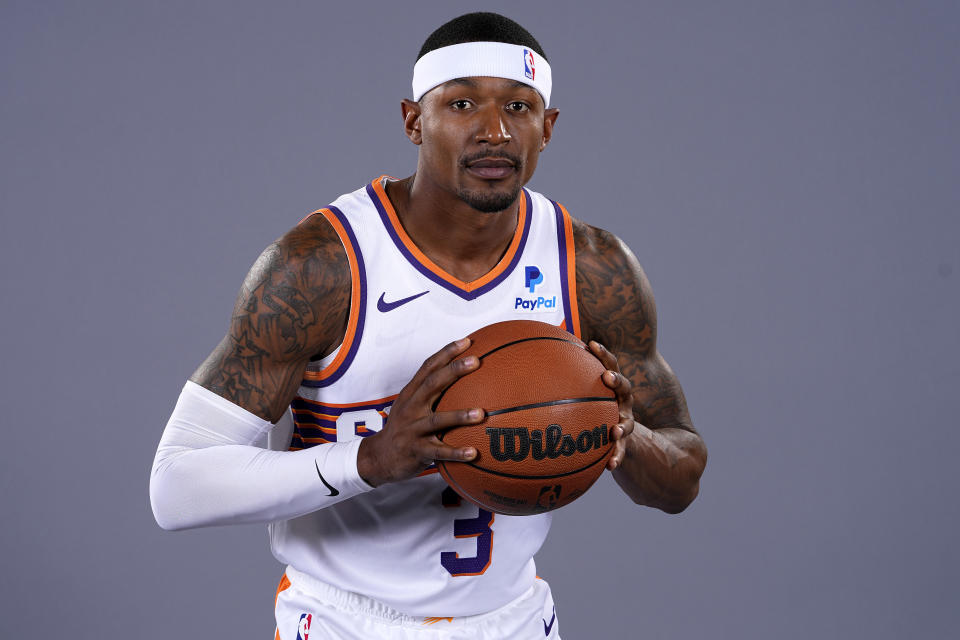 Phoenix Suns' Bradley Beal poses for a portrait during the NBA basketball team's media day, Monday, Oct. 2, 2023, in Phoenix. (AP Photo/Matt York)