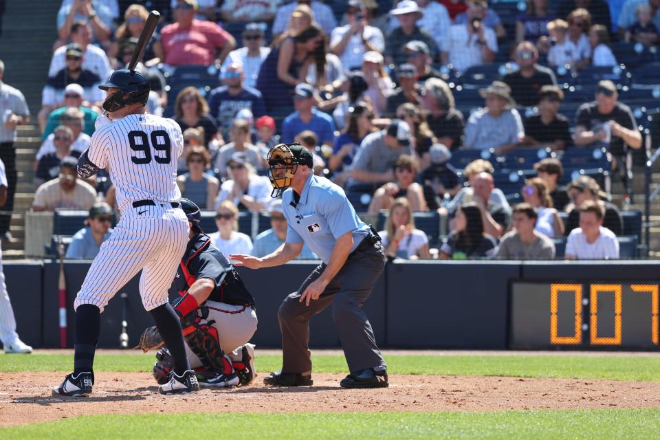 The Yankees' Aaron Judge is ready to hit as the pitch clock winds down in a spring training game against the Braves.