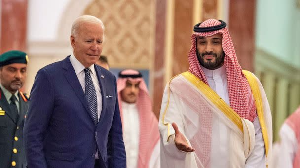 PHOTO: Saudi Crown Prince Mohammed bin Salman receives President Joe Biden at Al Salman Palace upon his arrival in Jeddah, Saudi Arabia, July 15, 2022. (Bandar Algaloud/Saudi Royal Court via Reuters)