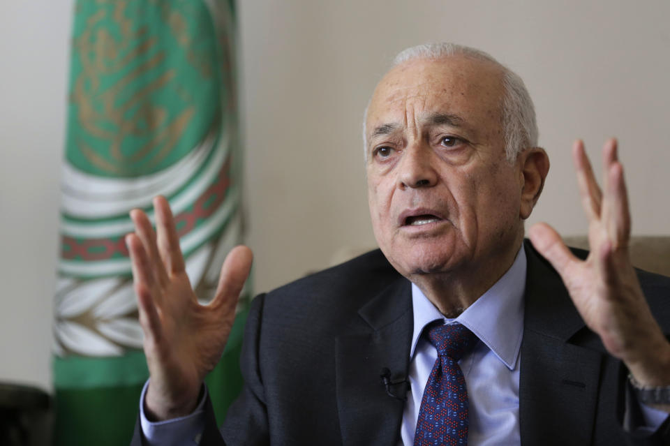 Arab League Secretary-General Nabil Elaraby speaks during an interview with the Associated Press, in Cairo, Egypt, Thursday, April 10, 2014. The head of the Arab League said Thursday he is confident that Israel and the Palestinians soon will resolve a crisis over the release of long-held Palestinian prisoners and extend their U.S.-brokered peace talks beyond an April deadline. Elaraby told The Associated Press that the April 29 deadline would be extended “for months” and rejected the idea that the talks have failed to make progress. (AP Photo/Hassan Ammar)