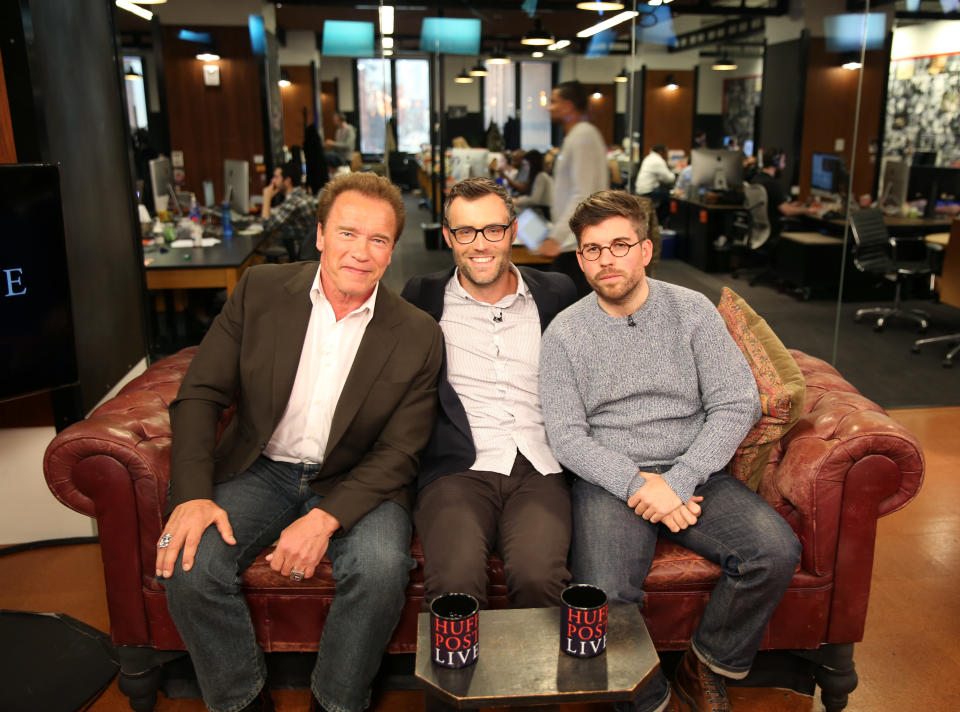 The Terminator himself cozies up with HuffPost Live's Ricky Camilleri and "Maggie" director Henry Hobson on April 22, 2015.