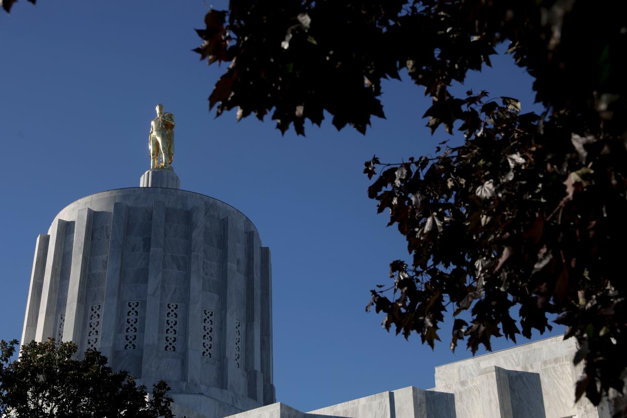 Oregon Pioneer is seen on the top of the Capitol before the second special of the Oregon State Legislature at the Oregon State Capitol in Salem, Oregon, on Monday, Aug. 10, 2020. 