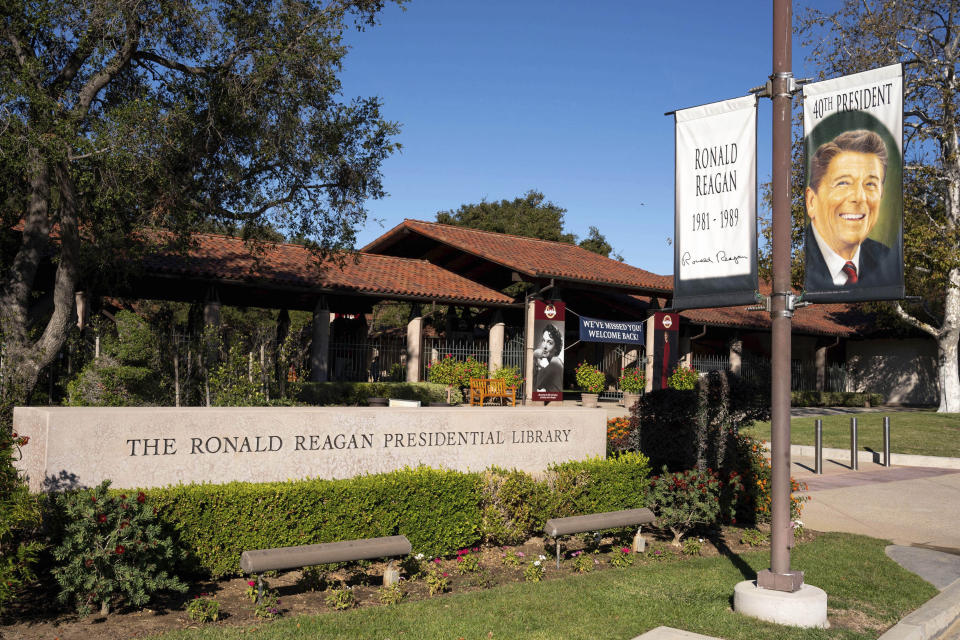 FILE - The Ronald Reagan Presidential Library and Museum entrance in Simi Valley, Calif., Nov. 3, 2021. The second Republican presidential debate is drawing near with a smaller on-stage lineup than last month's event. The two-hour debate starts at 9 p.m. ET on Wednesday, Sept. 27, 2023, at the Ronald Reagan Presidential Library in California. (David Crane/The Orange County Register via AP, File)