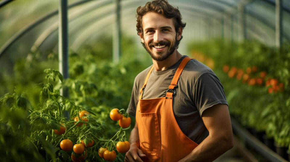 A farmer in overalls happily harvesting vegetables in a lush greenhouse.