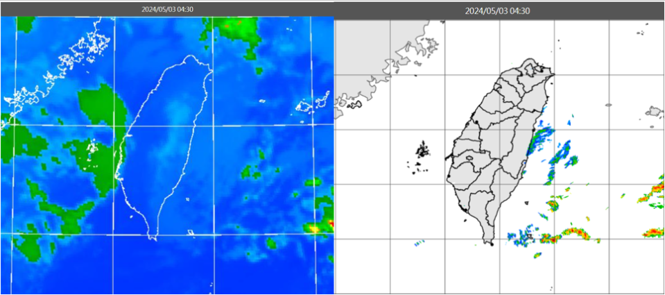 今日清晨4時30分紅外線色調強化雲圖顯示，台灣上空雲層鬆散（左）；時雷達回波合成圖顯示，東半部有零星降水回波（右）。取自氣象應用推廣基金會官網