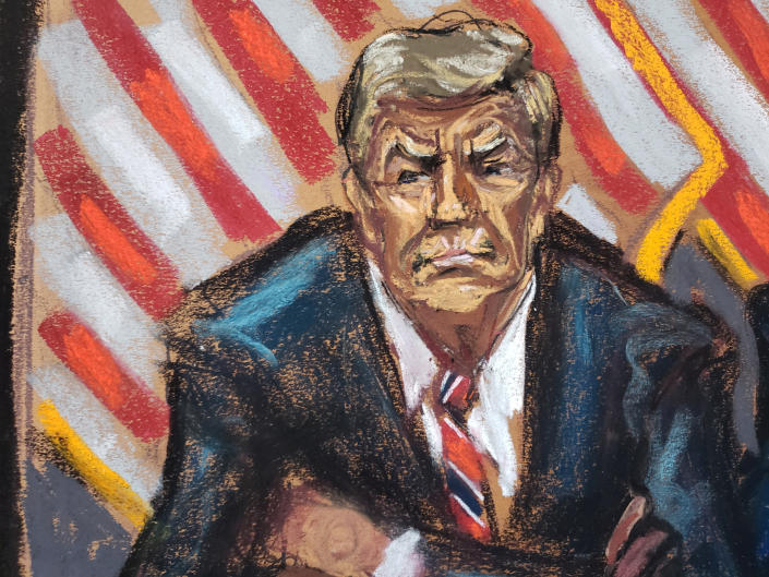 Trump is pictured in a courtroom sketch during a hearing before Acting Judge Juan Merchan in New York.