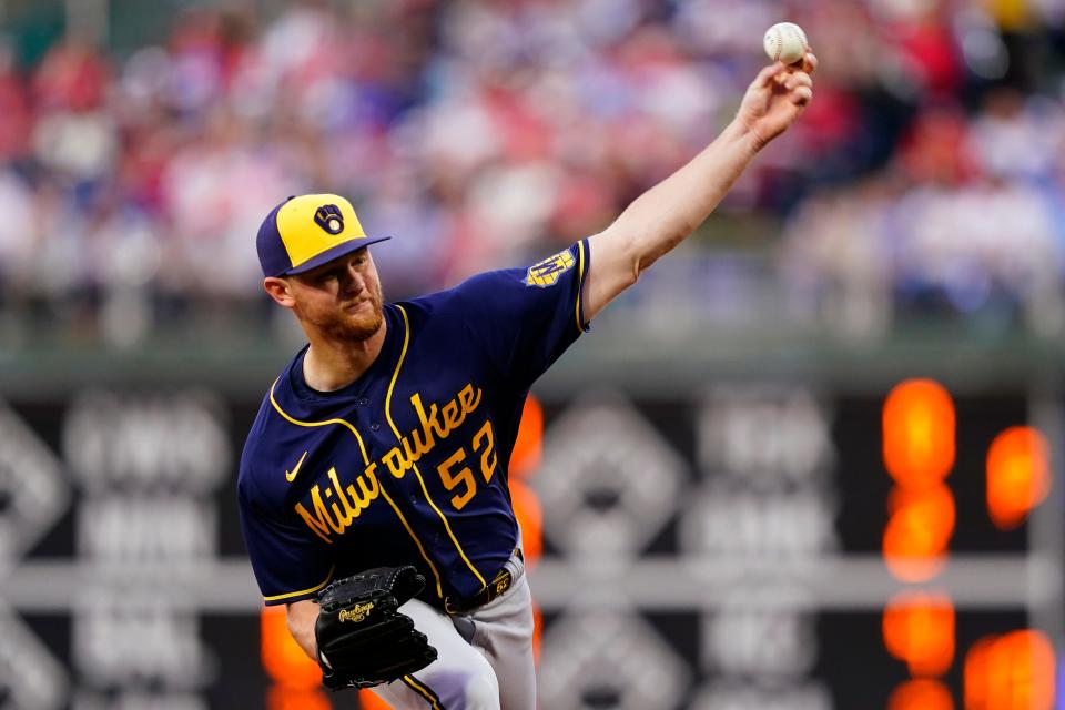 Milwaukee Brewers' Eric Lauer pitches during the first inning of a baseball game against the Philadelphia Phillies, Sunday, April 24, 2022, in Philadelphia. (AP Photo/Matt Slocum) ORG XMIT: PXS104