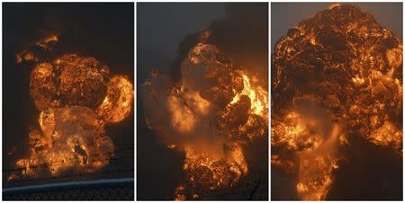 A combination photo shows a sequence of an explosion erupting from a CSX Corp train derailment in Mount Carbon, West Virginia pictured across the Kanawha River in Boomer, West Virginia February 16, 2015. REUTERS/Steve Keenan