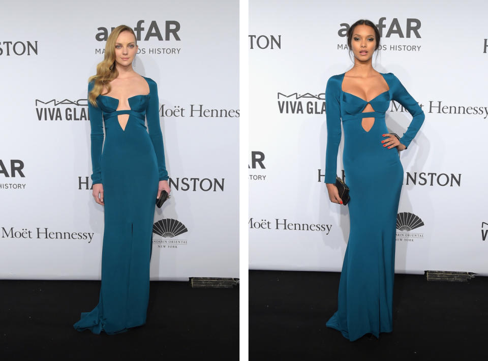 Models Lais Ribeiro and Heather Marks must have done a horrified double take when they walked the red carpet at last night’s gala and noticed they were wearing the same gown. At least they looked a little different in the chest area…