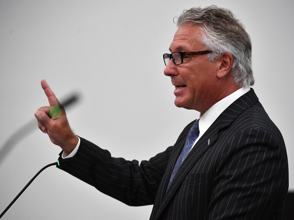 Patrick Reilly, attorney for Gabby Petito's parents, Joseph Petito and Nichole Schmidt, makes his arguments in court in Sarasota County, Florida on Wednesday, June 22, 2022, as to why a negligence lawsuit against Brian Laundrie's parents should not be dismissed.  Petito and Schmidt claim in their lawsuit that the Laundrie's acted maliciously by not telling them where their daughter was and if she was alive.