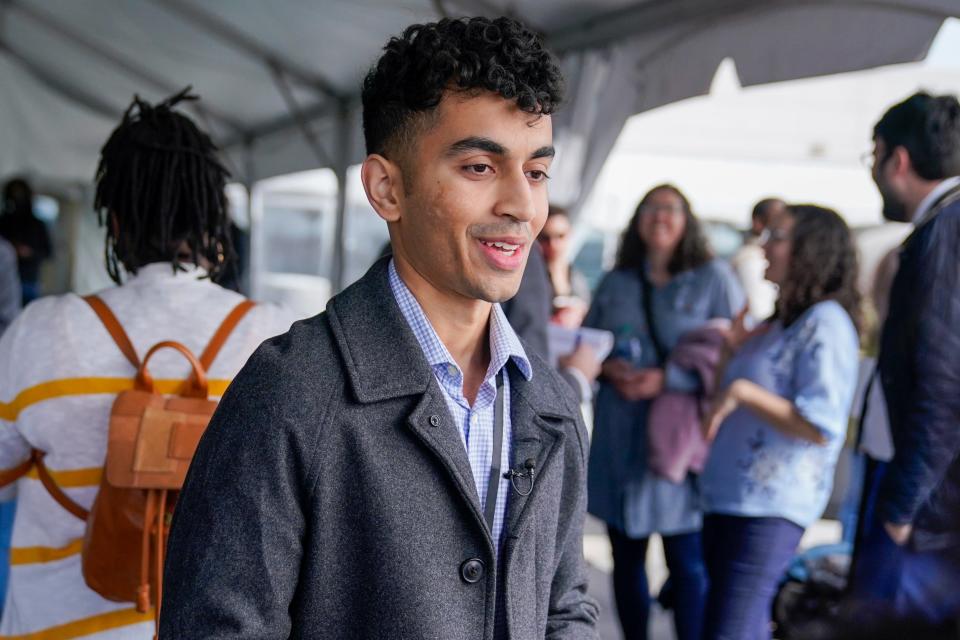 TikTok influencer Gohar Khan speaks during a media availability, Wednesday, March 22, 2023, in Washington. (AP)