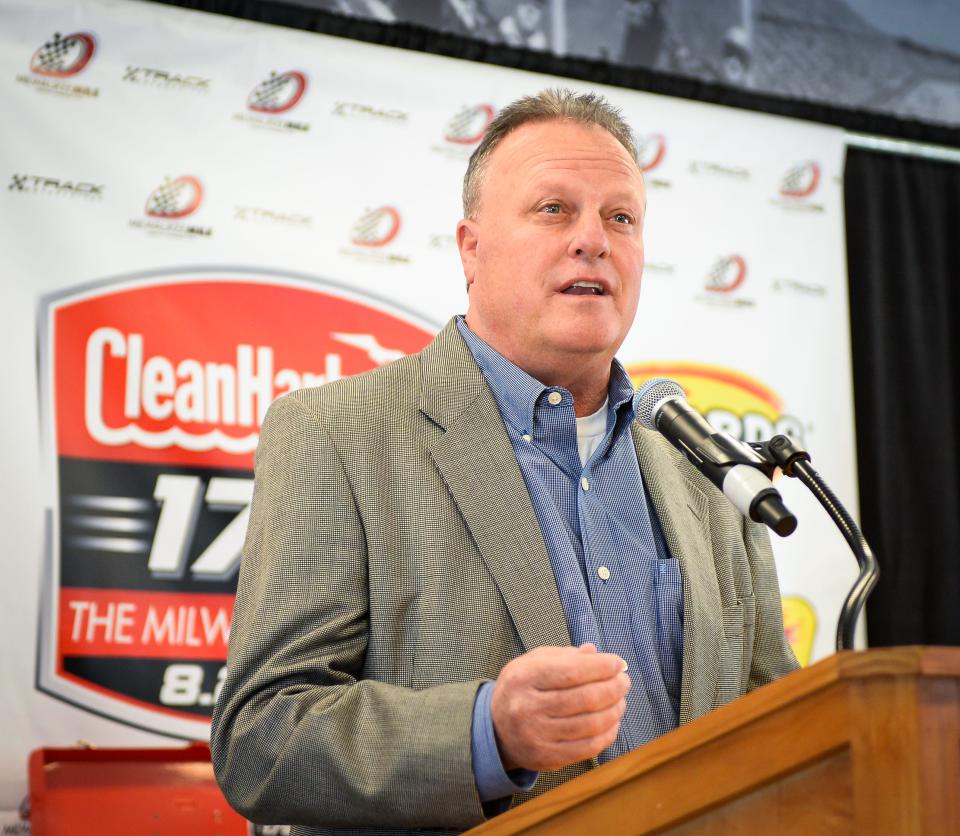 Bob Sargent, president of Track Enterprises, speaks during a sponsorship announcement Tuesday at the Milwaukee Mile.