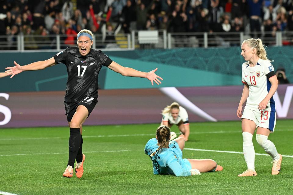 New Zealand's Hannah Wilkinson celebrates after scoring the opening goal during the Women's World Cup soccer match between New Zealand and Norway in Auckland, New Zealand, Thursday, July 20, 2023. (AP Photo/Andrew Cornaga)