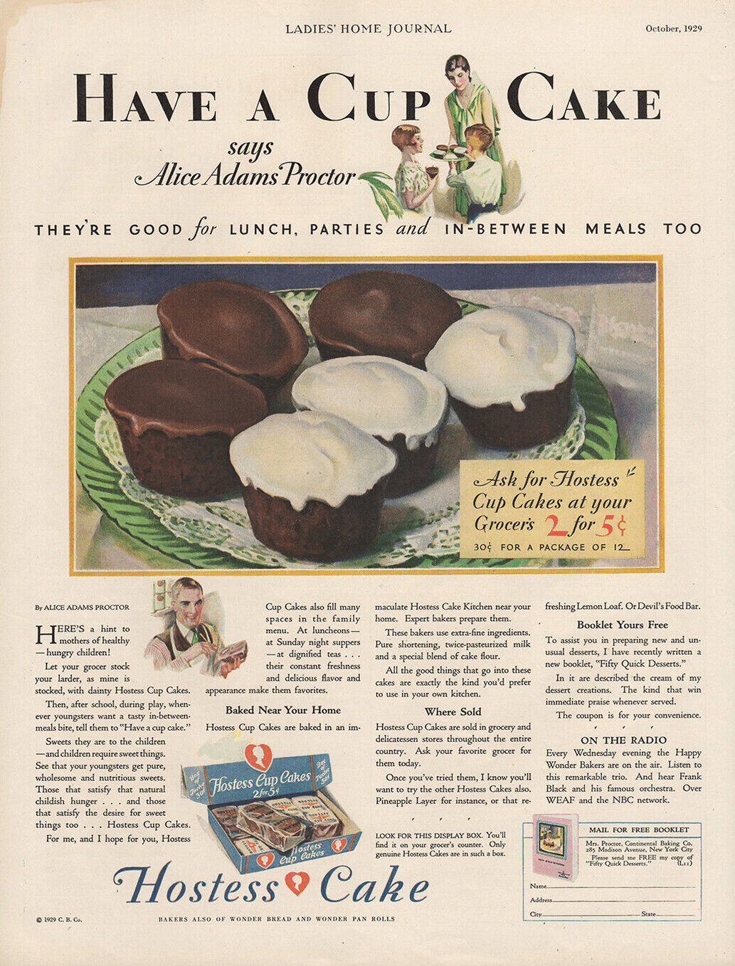 Vintage Hostess CupCakes advertisement, 'Tomar un Pastel de Taza' above an image of six Hostess CupCakes, about half a page of wording describing the cup cakes, 1929