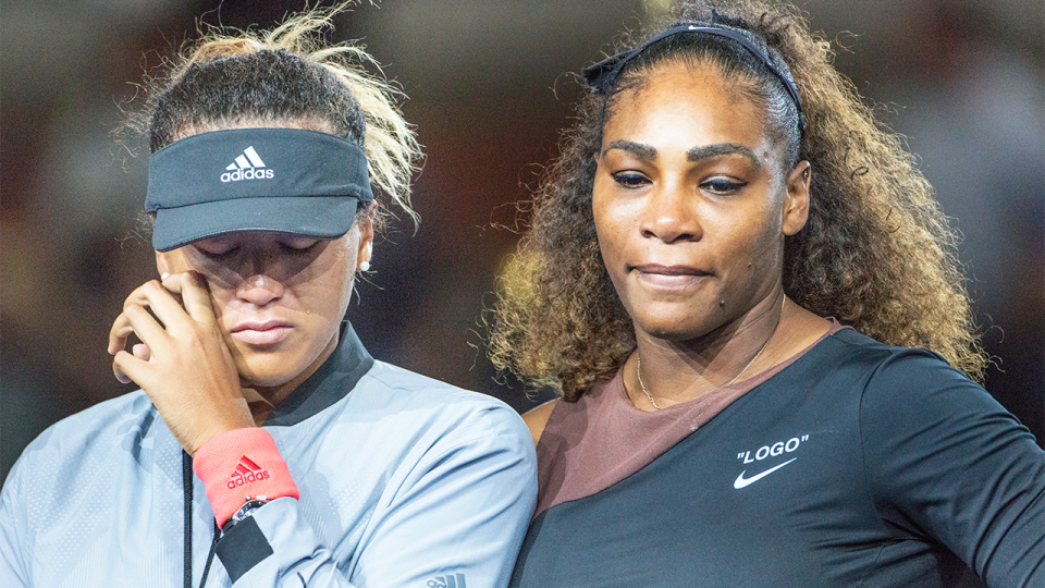 Naomi Osaka (pictured left) crying as Serena Williams (pictured right) embraces her at the US Open.
