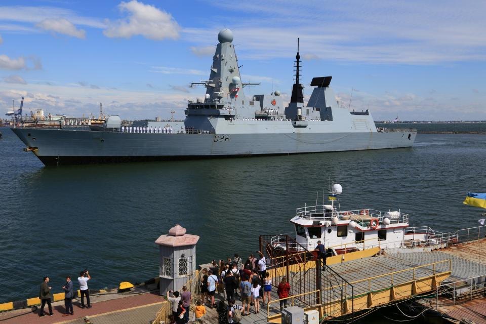 HMS Defender arriving at the Black Sea port of Odessa (Reuters)