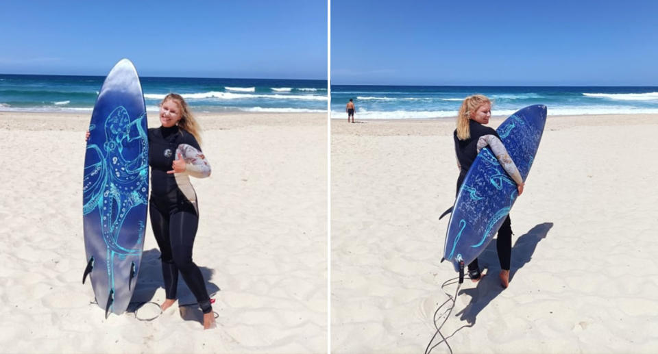 Cecile started surfing when she moved to Bondi, she now puts her art skills to use and paints designs on them. Source: Supplied/Cecile Gilbert