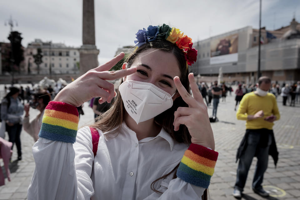 ROME, ITALY - MAY 15: A protester at demonstration in favor of Zan Decree, to Piazza del Popolo, to ask the government to approve the law, blocked in the senate due to filibustering by right-wing parties, against omotransphobia on May 15, 2021 in Rome, Italy. Zan law proposes to include sexual orientation and gender identity within the current legal framework on hate crimes and hate speech. (Photo by Stefano Montesi - Corbis/Corbis via Getty Images)