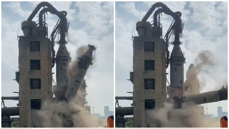 高雄水泥廠拆除工程發生坍塌意外，怪手及一名工人遭埋。（圖／翻攝自南部版-記者爆料網）
