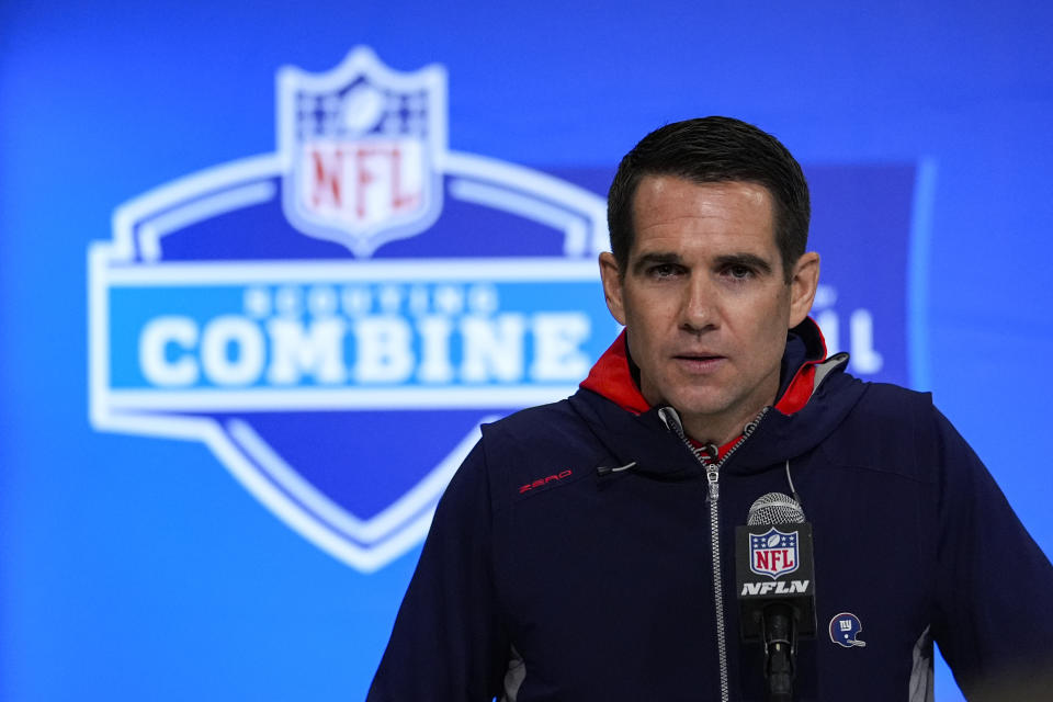 New York Giants general manager Joe Schoen speaks during a press conference at the NFL football scouting combine in Indianapolis, Tuesday, Feb. 27, 2024. (AP Photo/Michael Conroy)