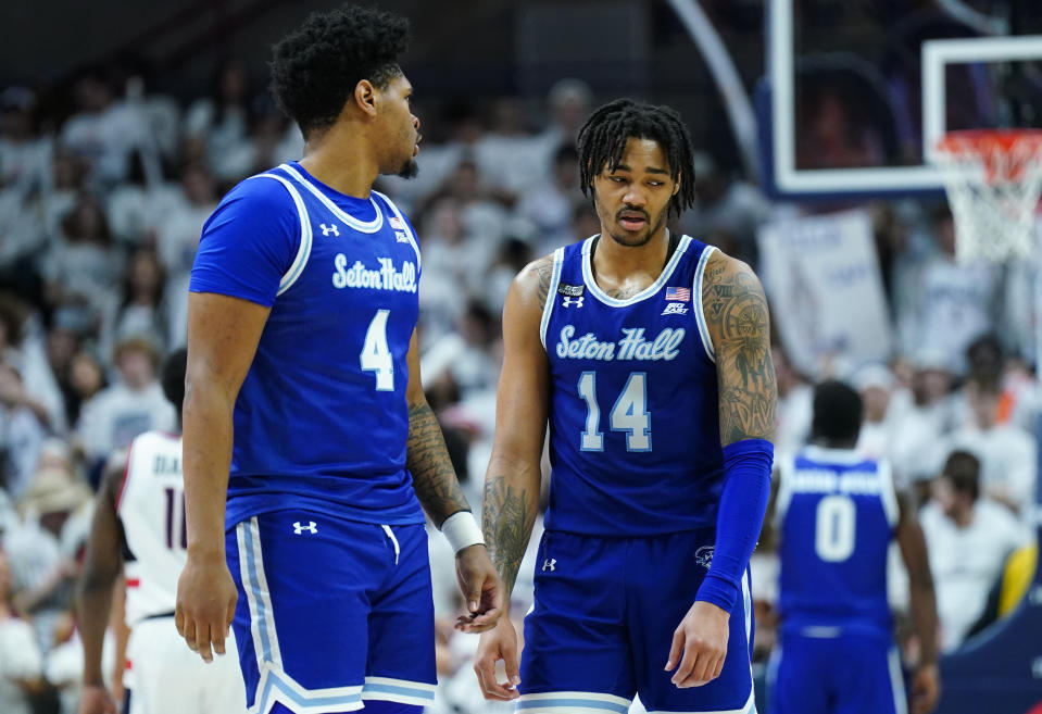 Mar 3, 2024; Storrs, Connecticut, USA; Seton Hall Pirates guard Dre Davis (14) and center Elijah Hutchins-Everett (4) on the court against the UConn Huskies in the second half at Harry A. Gampel Pavilion. Mandatory Credit: David Butler II-USA TODAY Sports
