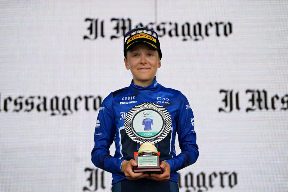 ALASSIO ITALY  JULY 06 Gaia Realini of Italy and Team Lidl  Trek celebrates at podium as Blue Best Italian Jersey winner during the 34th Giro dItalia Donne 2023 Stage 7 a 1091km stage from Albenga to Alassio  Santuario della Guardia 551m  UCIWWT  on July 06 2023 in Alassio Italy Photo by Dario BelingheriGetty Images