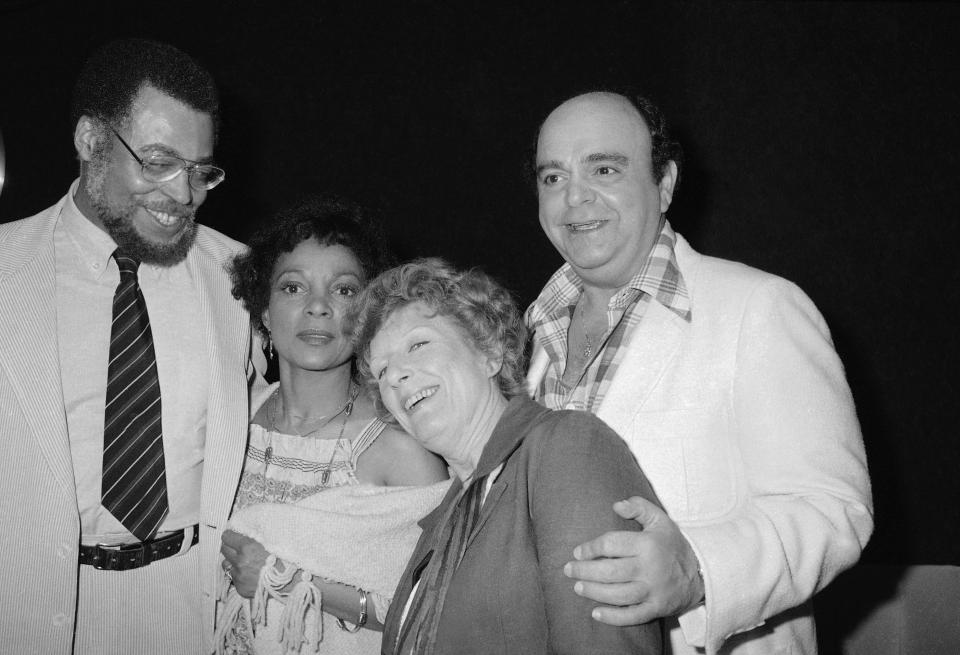 1980: Former Obie award winners from left: James Earl Jones, Ruby Dee, Nancy Marchand and James Coco, group together June 2, 1980, prior to the Obie award ceremonies in New York City.