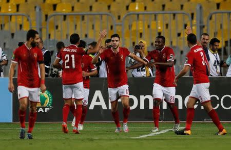 Soccer Football - CAF Champions League - Semi-Final - Al Ahly vs Etoile du Sahel - Borg El Arab Stadium, Borg El Arab, Egypt - October 22, 2017 Al Ahly's Walid Azaro celebrates scoring a goal with team mates REUTERS/Amr Dalsh