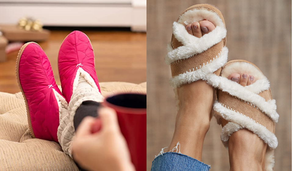 Two photos of people wearing Oprah's favorite slippers.