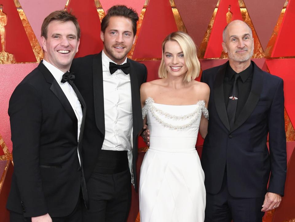 From left: "I, Tonya" producer Bryan Unkeless, Tom Ackerley, Margot Robbie, and director Craig Gillespie at the