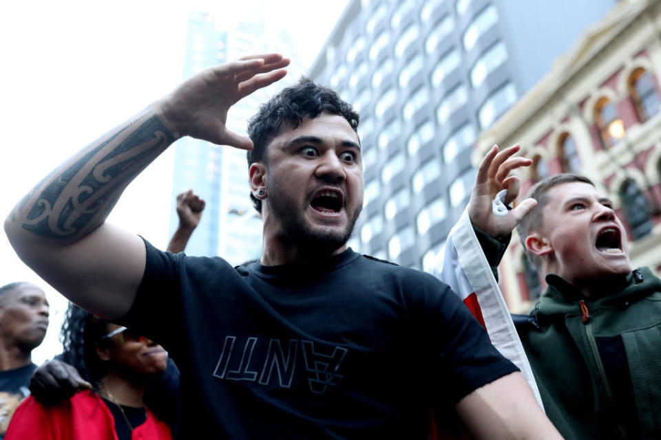 Protesters perform a haka after marching down Queen Street i Auckland this week amid global protests against racism. Source: Getty