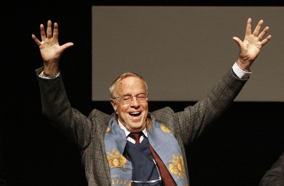 FILE - Franco Zeffirelli is shown in this Friday Oct. 16, 2009 file photo, in Rome. Italian director Franco Zeffirelli, famed for operas, films and television, has died in Rome at the age of 96. Zefffirelli's son Luciano said his father died at home at noon on Saturday. (AP Photo/Alessandra Tarantino, File)