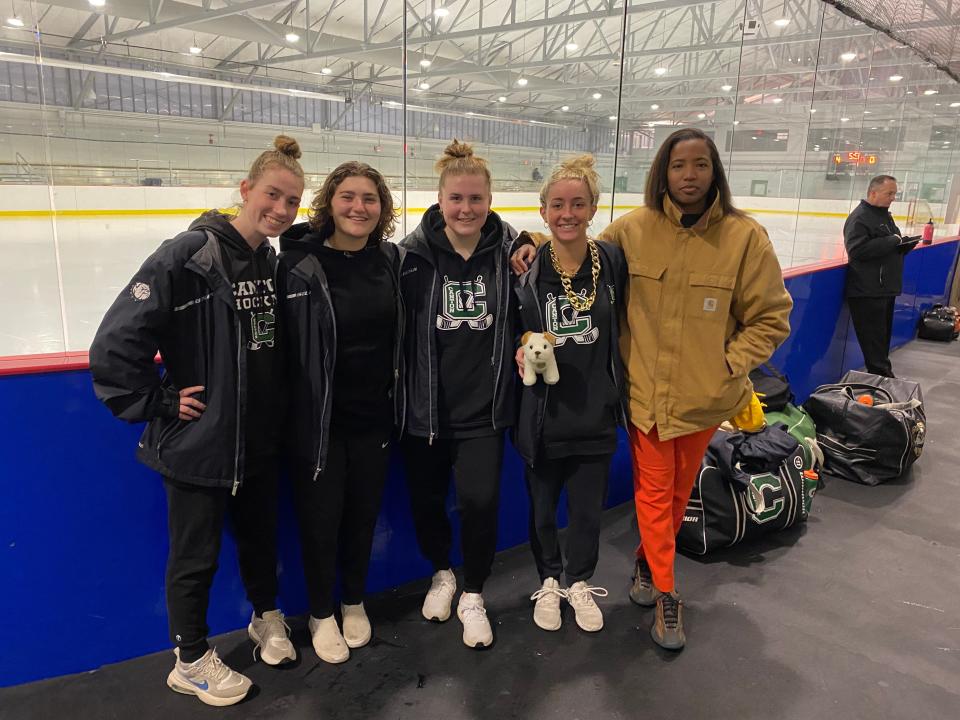 Canton High girls hockey captains and coach from left: Audrey Koen, Maya Battista, Carolyn Durand, Ellie Bohane and head coach Nikki Petrich.