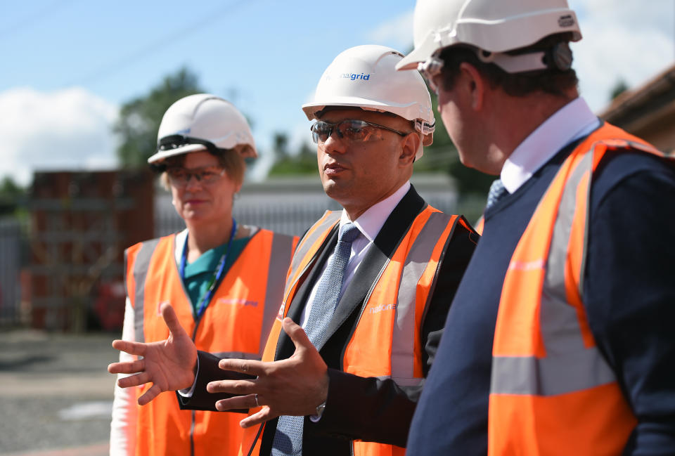 Chancellor Sajid Javid (centre) during a visit to the National Grid Training Centre near Newark, as the UK's economy shrank for the first time since 2012 in the second quarter of this year, as the manufacturing and construction sectors both slumped.