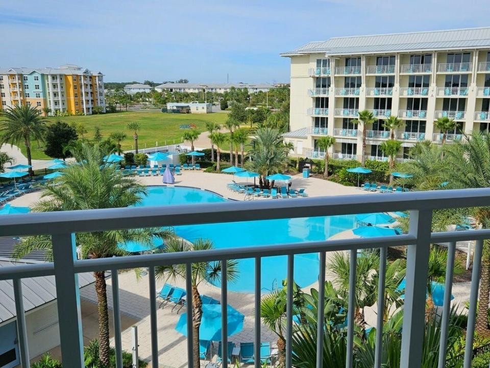 The view of the large pool from a room in the Margaritaville Orlando Resort.
