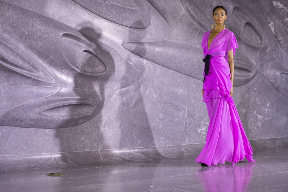The Naeem Khan collection is modeled during Fashion Week, Tuesday, Sept. 10, 2019, in New York. (AP Photo/Mary Altaffer)