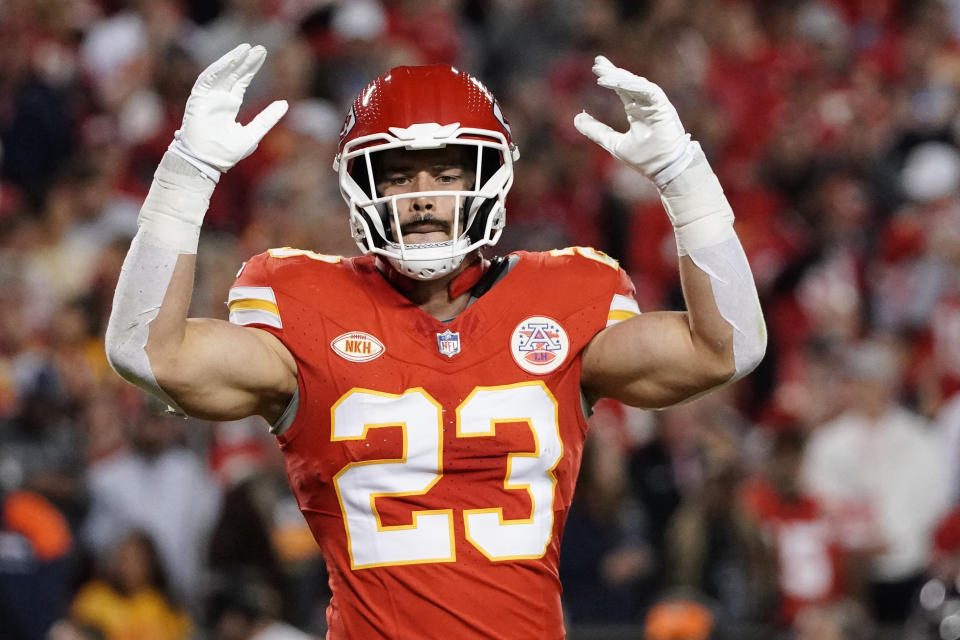 Oct 12, 2023; Kansas City, Missouri, USA; Kansas City Chiefs linebacker Drue Tranquill (23) celebrates after a play against the Denver Broncos during the game at GEHA Field at Arrowhead Stadium. Mandatory Credit: Denny Medley-USA TODAY Sports