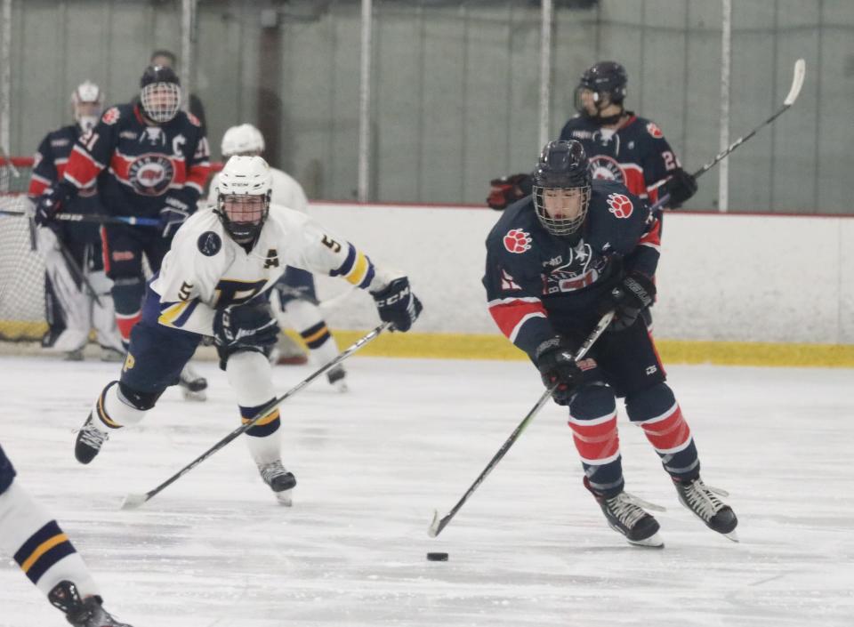 Ryan Nichols from Byram Hills in action during the Pelham vs. Byram Hills Section One Division II hockey championship at the Brewster Ice Arena in Brewster, Feb. 25, 2024.