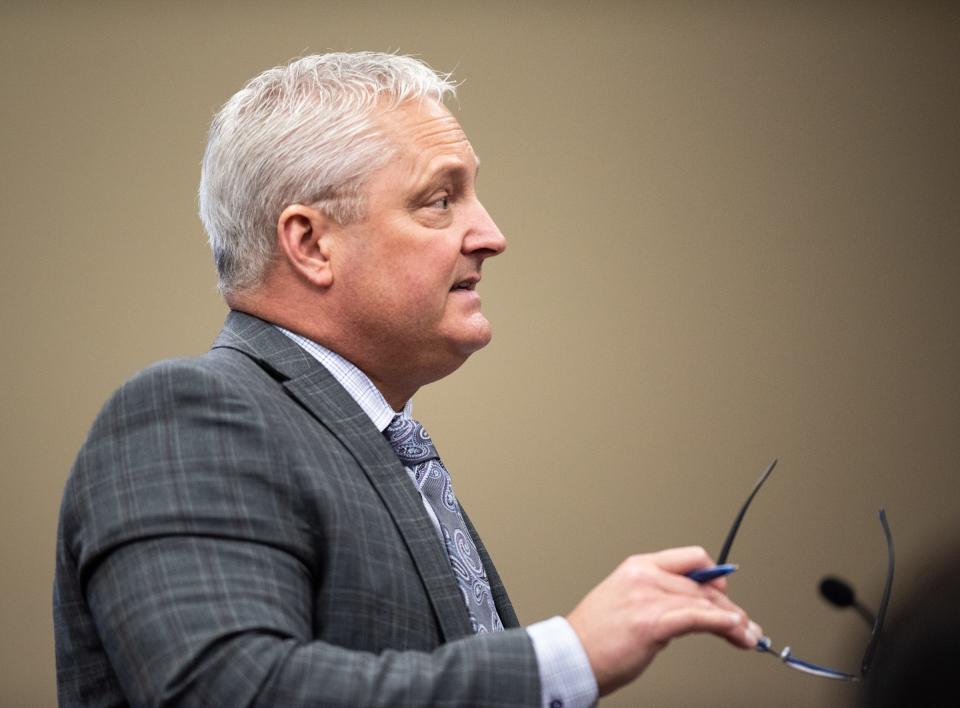 Ingham County Prosecutor John Dewane questions a witness, Thursday, April 18, 2024, in Ingham County Circuit Judge James Jamo's courtroom at Veteran's Memorial Courthouse in Lansing.