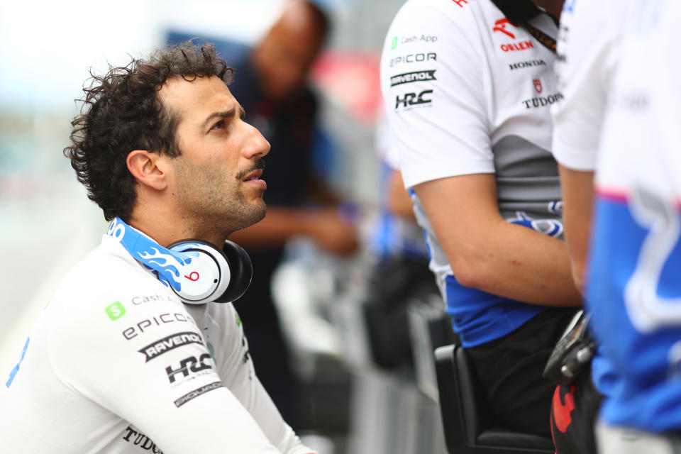 BARCELONA, SPAIN - JUNE 22: Daniel Ricciardo of Australia and Visa Cash App RB looks on in the Pitlane during qualifying ahead of the F1 Grand Prix of Spain at Circuit de Barcelona-Catalunya on June 22, 2024 in Barcelona, Spain. (Photo by Peter Fox/Getty Images)