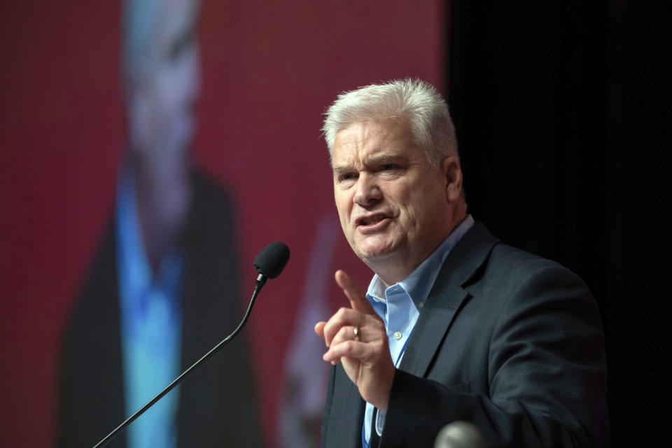 RILE - In this June 2, 2018, file photo, Rep. Tom Emmer, R-Minn., speaks during the Republican state convention in Duluth, Minn. Republicans have high hopes of using the House drive toward impeaching President Donald Trump to defeat Democrats from swing districts loaded with moderate voters. “This process they’re embarking on is going to cost them their majority next fall,” said Emmer, who heads his party’s House campaign committee. He said Democrats have “an obsession” with impeachment, adding, “It’s just getting worse for them.” (Glen Stubbe/Star Tribune via AP)