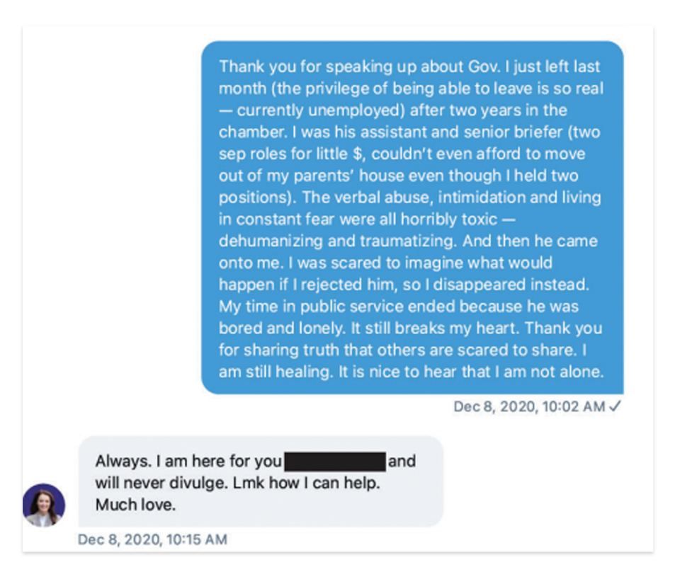 Image: Charlotte Bennett's direct messages with fellow Cuomo accuser Lindsey Boylan on Twitter in December 2020. The text was redacted by the AG's office. (State of New York Attorney General's Office)