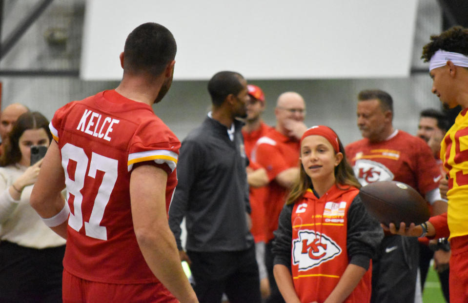 Myka Eilers shared the field with NFL stars Travis Kelce and Patrick Mahomes of the Kansas City Chiefs for her Make-A-Wish experience in 2022. (Courtesy Make-A-Wish Foundation)