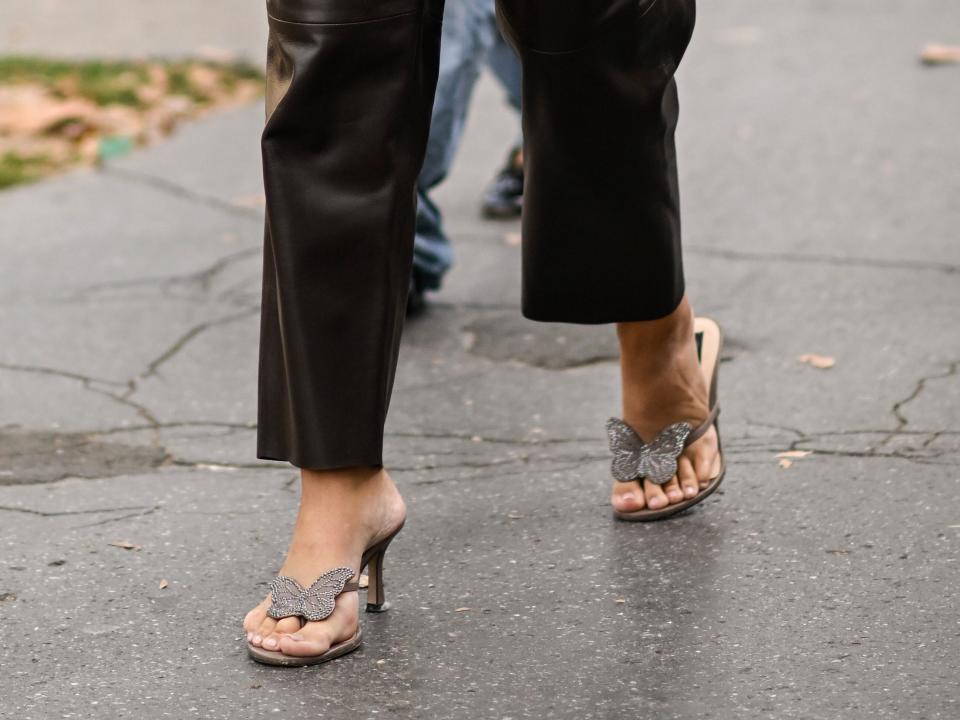 Carla Ginola is seen wearing a brown faux leather Zimmermann outfit outside the Zimmermann show during the Womenswear Spring/Summer 2024 as part of Paris Fashion Week