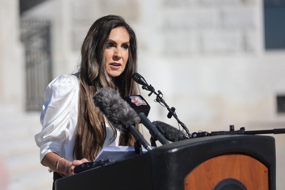 Suzette Rasmussen, an attorney representing former employees and contractors of Operation Underground Railroad, speaks on behalf of her clients in front of the Capitol in Salt Lake City on Thursday, Sept. 28, 2023. | Kristin Murphy, Deseret News