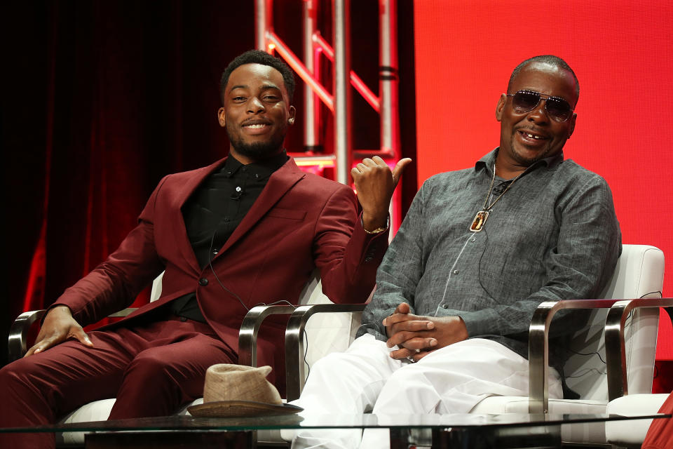 Actor Woody McClain, left, and musician Bobby Brown of the television show “The Bobby Brown Story” speak during the Viacom segment of the Summer 2018 Television Critics Association Press Tour at the Beverly Hilton Hotel on July 27, 2018, in Beverly Hills, California (Photo: Phillip Faraone/Getty Images for Viacom)